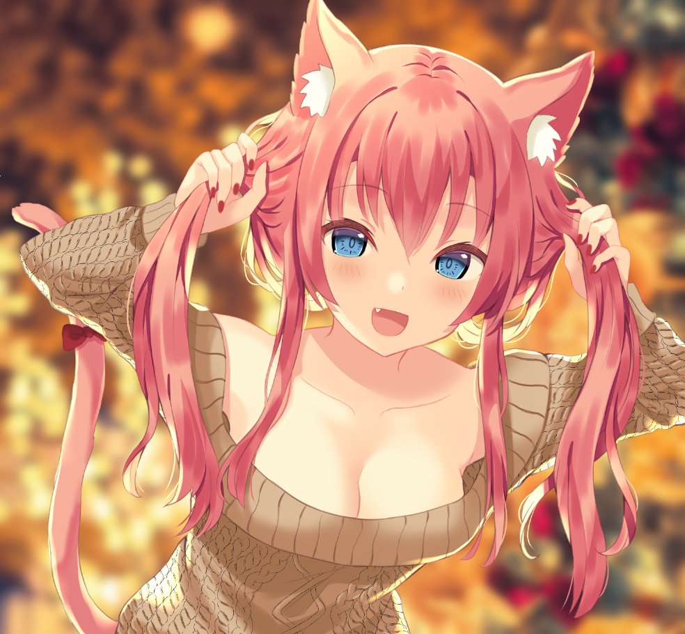1girl, :d, animal_ear_fluff, animal_ears, aran_sweater, bare_shoulders, blue_eyes, blurry