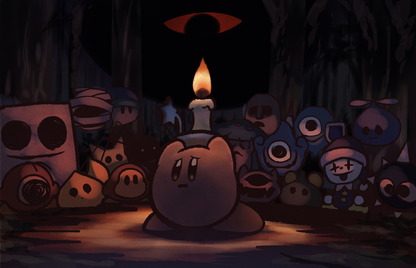 angry_scarfy, black_eyes, blocky_(kirby), candle, cappy_(kirby), chip_(kirby), dark_matter_(kirby), darkness, forest, gaspar_(kirby), ghost_knight_(kirby), gordo, highres, horror_tramp, kabu_(kabuteri), kabu_(kirby), kirby, kirby_(series), looking_at_another, looking_away, mariel_(kirby), mumbies_(kirby), nature, nintendo, noddy_(kirby), perot, poison_mash, poppy_bros_jr, propeller_(kirby), scared, scarfy, sparky_(kirby), spookstep, tick_(kirby), waddle_dee, waddle_doo, zero_(kirby)