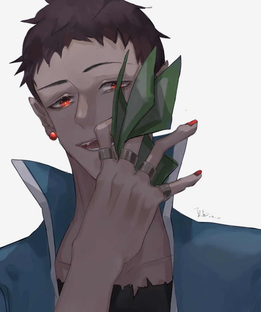 10s, 1boy, andro_m._jazz, banknote, black_shirt, blue_jacket, dated, demon