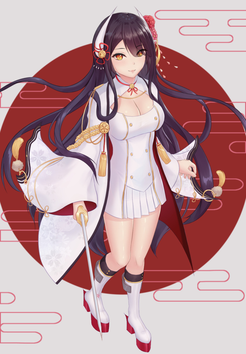 1girl, aiguillette, azur_lane, black_hair, blush, boots, breasts, cape