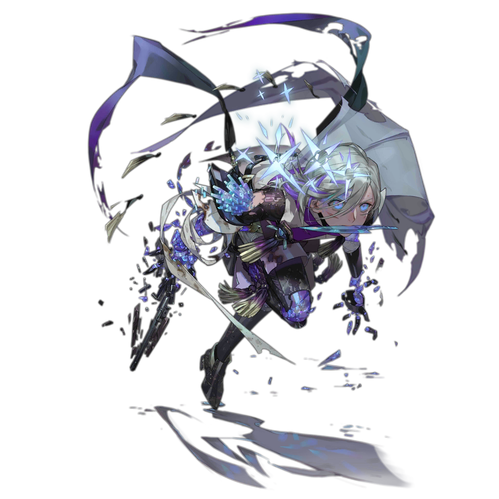 1girl, bandaged_arm, bandages, black_boots, black_shirt, boots, braid, breasts, broken, broken_weapon, cape, coattails, combat_knife, contender_(dragon's_son)_(girls'_frontline), contender_(girls'_frontline), crystal, damaged, detached_sleeves, female_focus, full_body, gem, girls'_frontline, glowing, glowing_eyes, gradient_clothes, gradient_jacket, grey_hair, grey_jacket, grey_pants, gun, hair_over_one_eye, handgun, high_heel_boots, high_heels, holding, holding_gun, holding_knife, holding_weapon, holster, injury, jacket, knife, labyrinth_of_the_dark, leg_up, looking_away, mouth_hold, multicolored_hair, nishihara_isao, official_alternate_costume, official_art, pants, parted_lips, pistol, prosthesis, prosthetic_arm, prosthetic_leg, purple_eyes, purple_gem, purple_hair, purple_jacket, rifle-caliber_handgun, rifle-caliber_pistol, running, see-through_clothes, shattered, shirt, short_hair, side_slit, sleeveless, sleeveless_jacket, small_breasts, solo, streaked_hair, tailcoat, thigh_boots, thighhighs, thompson/center_contender, torn_clothes, transparent_background, trigger_discipline, weapon