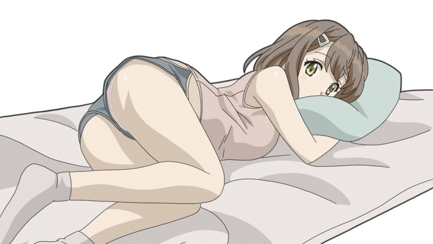 1girl, ass, bare_shoulders, bed, blue_shorts, blush, breasts, brown_eyes
