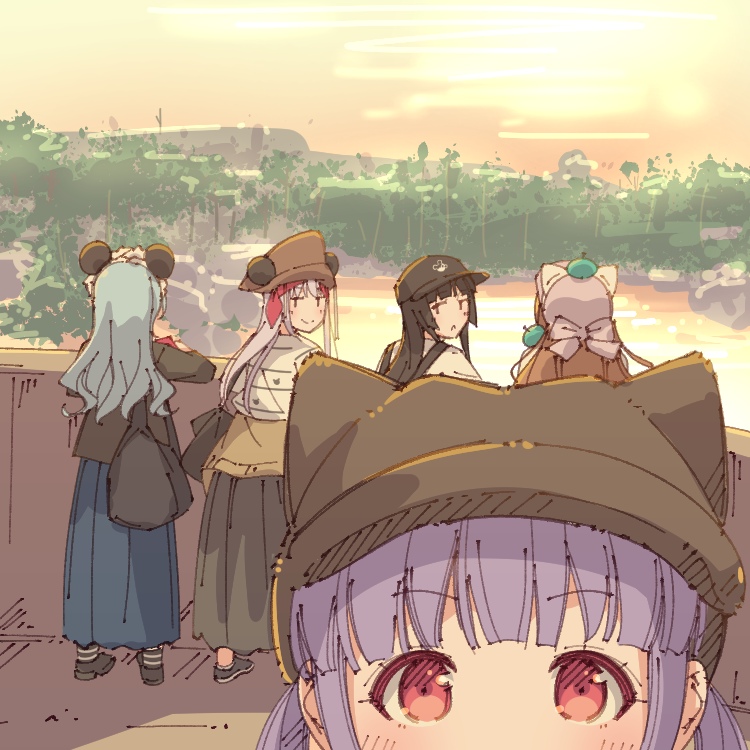 5girls, aiba_aina, animal_hat, aqua_hair, ayasaka, bag, bang_dream!, bang_dream!_girls_band_party!, baseball_cap, black_hair, black_headwear, black_jacket, black_skirt, blue_skirt, brown_hair, brown_headwear, brown_jacket, commentary_request, disneyland, grey_hair, hat, hikawa_sayo, imai_lisa, jacket, kudou_haruka_(voice_actor), leaning, long_hair, looking_at_viewer, looking_back, mickey_mouse_ears, minato_yukina, multiple_girls, nakashima_yuki, outdoors, photo-referenced, purple_hair, red_eyes, roselia_(bang_dream!), sakuragawa_megu, selfie, shirokane_rinko, shizaki_kanon, sidelocks, skirt, smile, sunset, tree, twintails, udagawa_ako, voice_actor_connection, wall