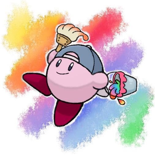 baseball_cap, bucket, hari_(kureon), hat, kirby, kirby_(series), nintendo, no_humans, paint, paint_kirby, paintbrush, rainbow, rainbow_background, smile, solo, trim_brush