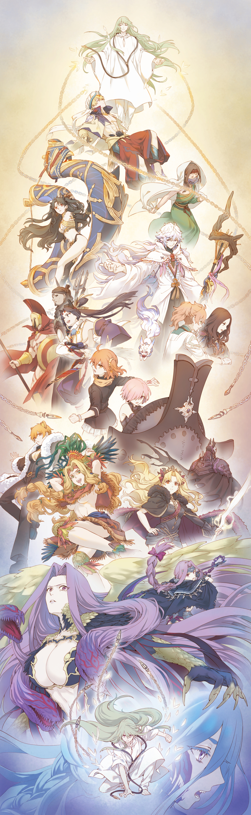 absurdres, barefoot, beard, braid, breasts, cape, chain, claws