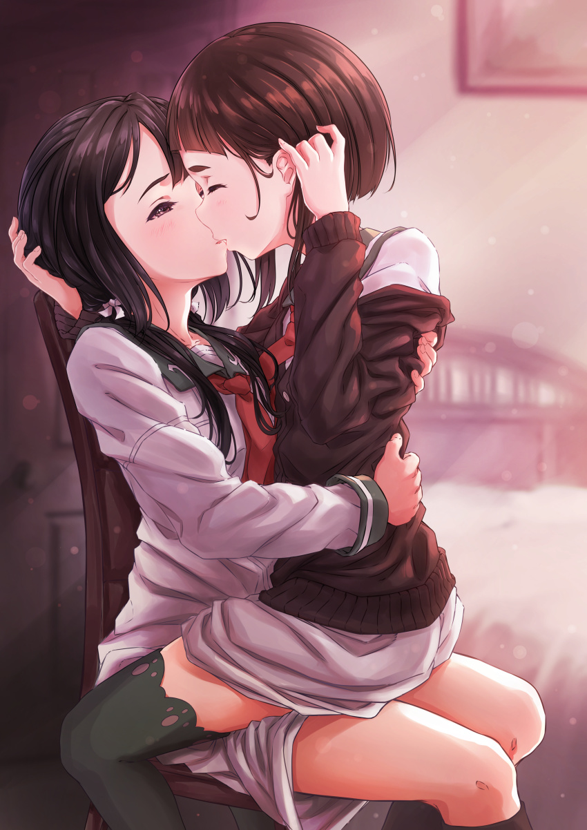 2girls, absurdres, bed, black_eyes, black_hair, blurry, blurry_background, blush, brown_hair, cardigan, chair, closed_eyes, commentary, depth_of_field, dress, english_commentary, hand_on_another's_head, hands_on_another's_back, highres, imminent_kiss, indoors, itaro, kagajou_suzume, kusunoki_mebuki, kusunoki_mebuki_wa_yuusha_de_aru, long_hair, long_sleeves, looking_at_another, low_twintails, multiple_girls, neckerchief, off_shoulder, parted_lips, profile, sailor_dress, school_uniform, serafuku, short_hair_with_long_locks, sitting, sitting_on_lap, sitting_on_person, thighhighs, twintails, yuri, yuusha_de_aru
