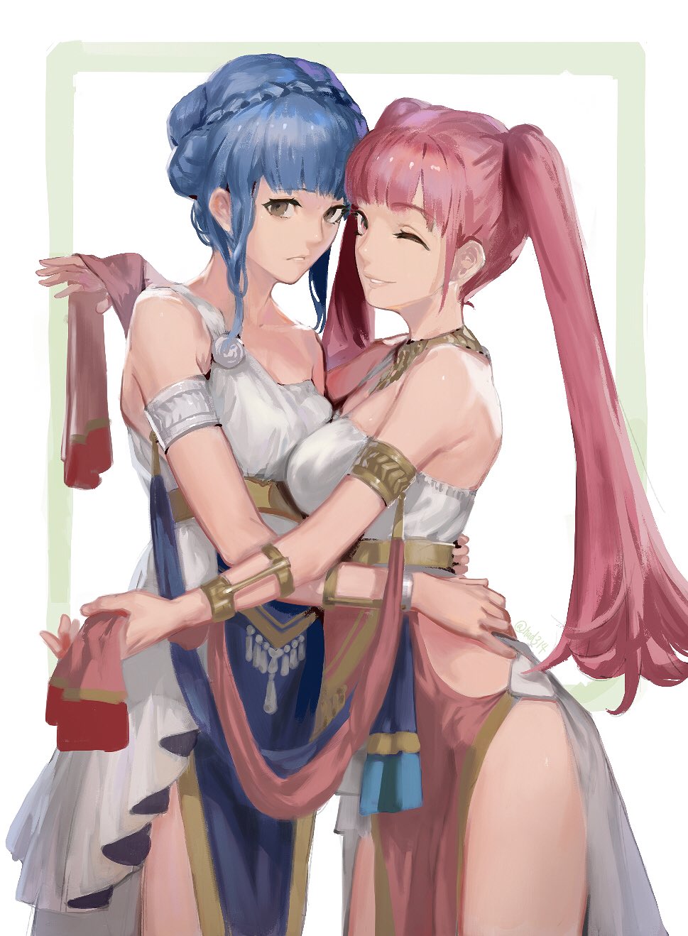 2girls, armlet, blue_hair, braid, breasts, brown_eyes, crown_braid, dancer, dancer_(fire_emblem:_three_houses), dress, female_focus, fire_emblem, fire_emblem:_three_houses, from_side, had_(had314), highres, hilda_valentine_goneril, jewelry, large_breasts, long_hair, looking_to_the_side, marianne_von_edmund, matching_hair/eyes, multiple_girls, nintendo, one_eye_closed, parted_lips, pelvic_curtain, pink_eyes, pink_hair, simple_background, single-shoulder_dress, twintails, wink, yuri
