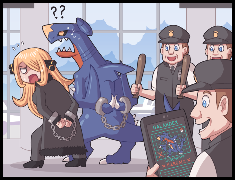 0_0, 1girl, ?, ??, arrest, artistic_error, ayyk92, black_dress, blonde_hair, blue_eyes, claws, cuffs, cynthia_(pokemon), dragon, dress, english_text, flying_sweatdrops, garchomp, gen_4_pokemon, hair_ornament, hair_over_one_eye, handcuffs, long_hair, nintendo, pokemon, pokemon_(creature), pokemon_diamond/pearl/platinum, pokemon_sword_and_shield, police_officer_(pokemon), sweat, tablet_pc