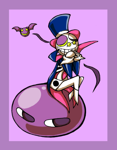 bat_(animal), clenched_teeth, closed_eyes, dapper_bones, formal_clothes, glasses, hat, madou_monogatari, no_humans, own_hands_clasped, own_hands_together, ozu, ozu_(pixiv), purple_background, purple_puyo, puyo_(puyopuyo), puyopuyo, puyopuyo_fever, sitting, skeleton, smile, tailcoat, teeth, top_hat