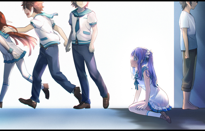 2girls, 3boys, aki_(neyuki41028), aqua_sailor_collar, barefoot, blue_eyes, blue_hair, blue_neckwear, blue_pants, blue_ribbon, brown_footwear, brown_hair, brown_pants, closed_mouth, dress, floating_hair, hair_ribbon, head_out_of_frame, hiradaira_chisaki, isaki_kaname, jacket, kihara_isamu, kihara_tsumugu, loafers, long_hair, mukaido_manaka, multiple_boys, multiple_girls, nagi_no_asukara, pants, pleated_dress, ribbon, running, sailor_collar, sailor_dress, school_uniform, scrunchie, shoes, short_dress, short_sleeves, sitting, sleeveless, sleeveless_dress, smile, socks, standing, twintails, very_long_hair, wariza, white_dress, white_jacket, white_legwear, wrist_scrunchie
