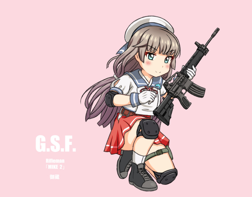 1girl, assault_rifle, black_shoes, blue_sailor_collar, clothing_cutout, commentary_request, elbow_pads, female_focus