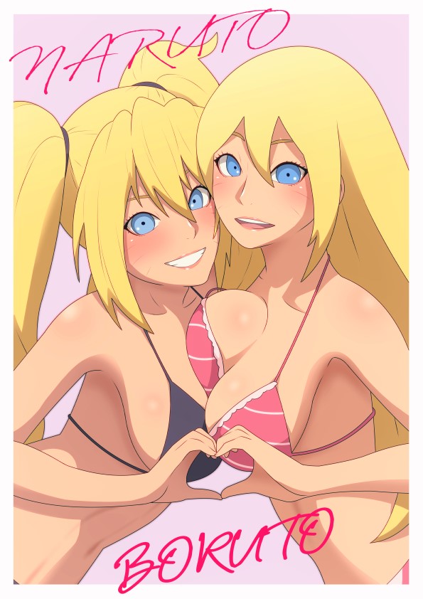 2girls, bikini, blue_eyes, boruko, breasts, eeshin_(eishin5584), facial_mark, father_and_child, father_and_son, genderswap, genderswap_(mtf), heart, heart_hands, heart_hands_duo, long_hair, multiple_girls, naruko_(naruto), naruto_(classic), naruto_(series), parent_and_child, sexy_no_jutsu, skindentation, swimsuit, uzumaki_boruto, uzumaki_naruto, whisker_markings