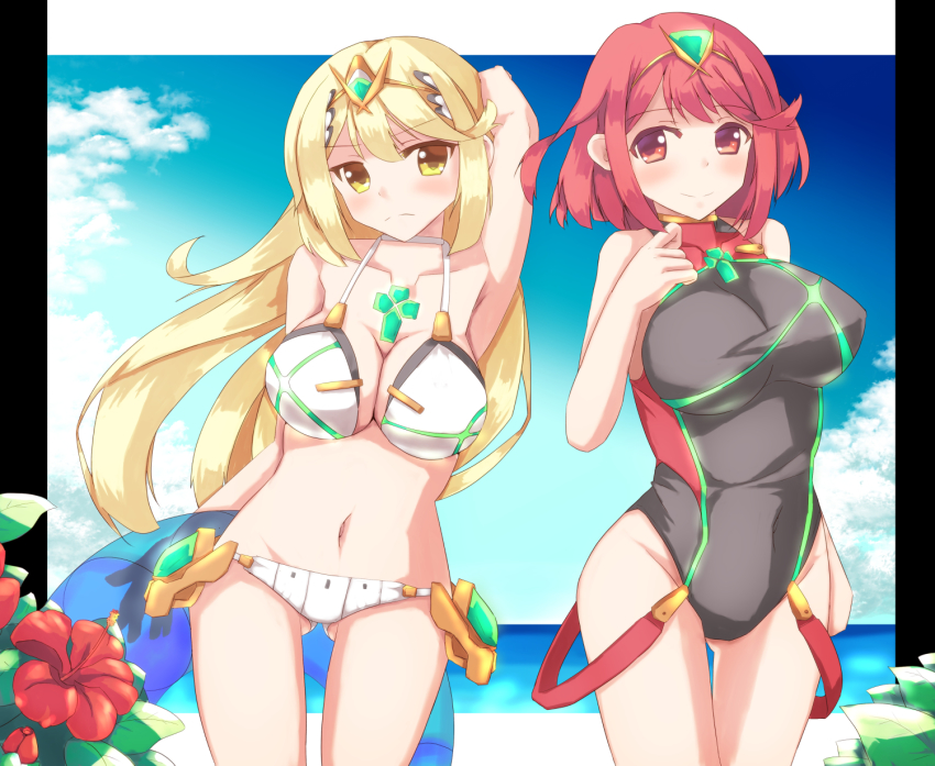 2girls, beach, bikini, blonde_hair, blush, bra, breasts, cleavage