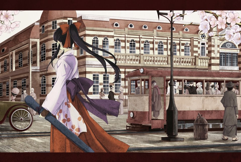 black_hair, bow, building, car, cherry_blossoms, day, fingerless_gloves, floral_print