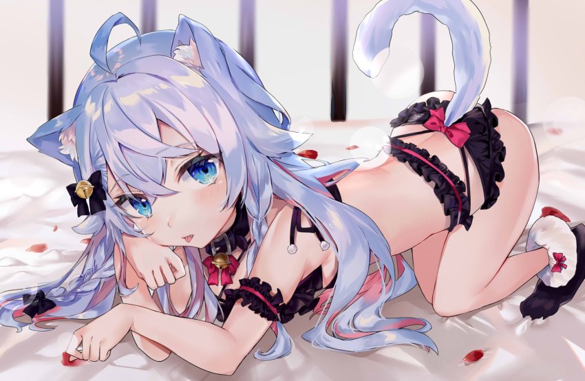 1girl, ahoge, all_fours, animal_ear_fluff, animal_ears, arm_strap, ass, bed, bell, black_legwear, black_ribbon, blue_eyes, blue_hair, blurry, blush, bra, braid, breasts, cage, cat_ears, cat_tail, child, collar, depth_of_field, fangs, female_focus, frilled_bra, frilled_panties, frills, hair_ornament, hair_ribbon, hand_on_own_cheek, hand_on_own_face, highres, indie_virtual_youtuber, kagura_nana, lingerie, long_hair, looking_at_viewer, nana_kagura, neck_bell, panties, paw_shoes, red_hair, red_ribbon, ribbon, sidelocks, small_breasts, solo, string_bra, tail, tongue, tongue_out, top-down_bottom-up, underwear, virtual_youtuber