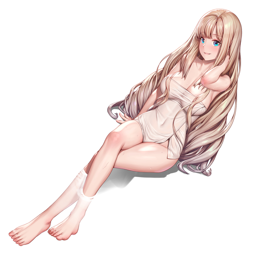 1girl, amanda_(artwhirl), arm_up, artwhirl_mahou_gakuen_no_otome-tachi, bare_legs, bare_shoulders, barefoot, blonde_hair, blue_eyes, blush, breasts, cleavage, collarbone, commentary_request, covered_navel, crossed_legs, dutch_angle, female_focus, hand_in_own_hair, highres, large_breasts, legs, long_hair, mana_(remana), naked_towel, official_art, parted_lips, simple_background, sitting, smile, soaking_feet, solo, towel, very_long_hair, water, water_drop, white_background
