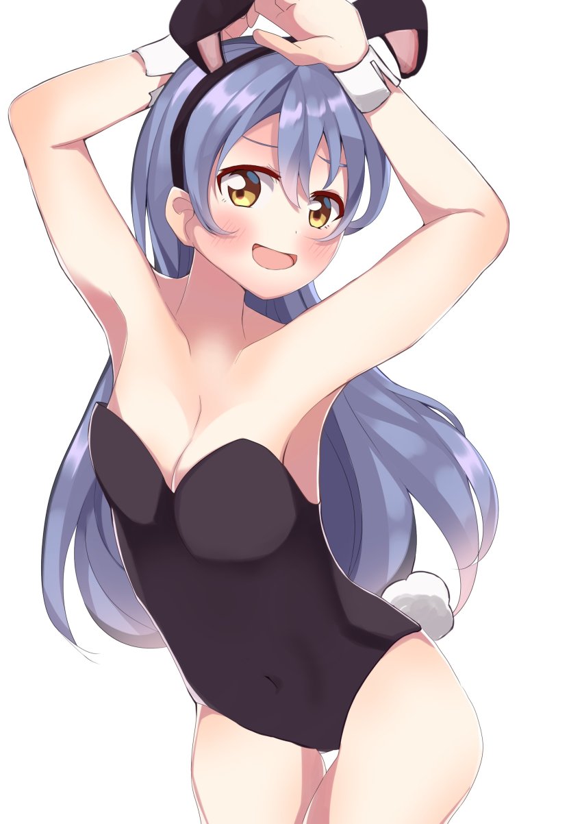 1girl, absurdres, animal_ears, armpits, arms_up, blue_hair, blush, commentary_request