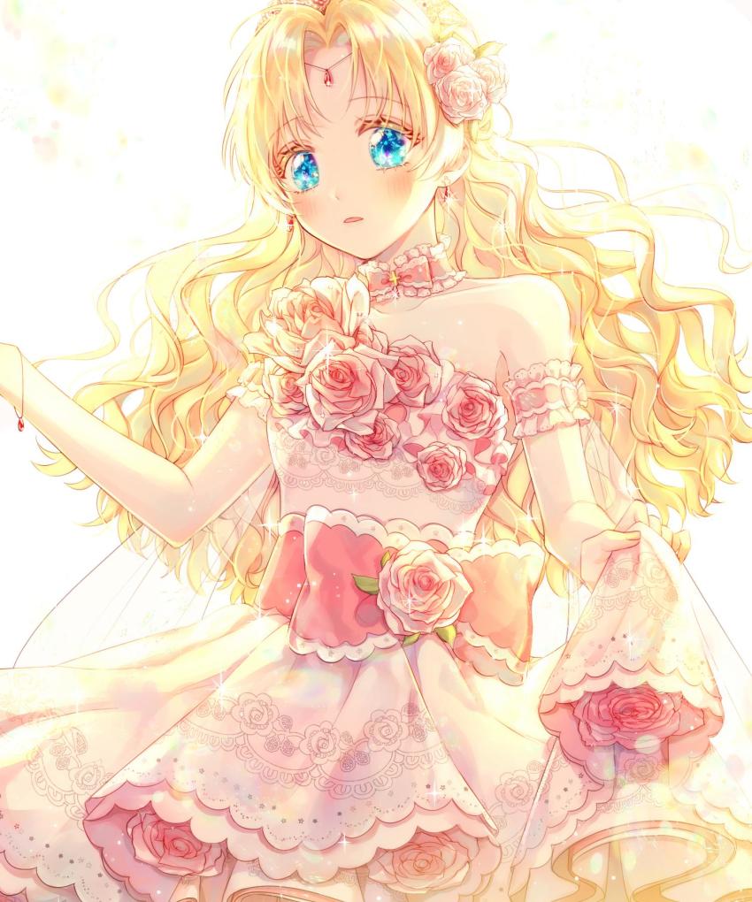 1girl, armband, athanasia_de_alger_obelia, blonde_hair, blue_eyes, blush, bow, bowtie, bracelet, detached_collar, dress, earrings, female_focus, flower, hair_flower, hair_ornament, head_chain, highres, holding_own_dress, jewelry, layered_dress, long_hair, open_mouth, parted_bangs, pink_bow, pink_bowtie, pink_dress, pink_flower, pink_rose, princess, rose, single_bare_shoulder, solo, sparkle, ttori, wavy_hair, who_made_me_a_princess