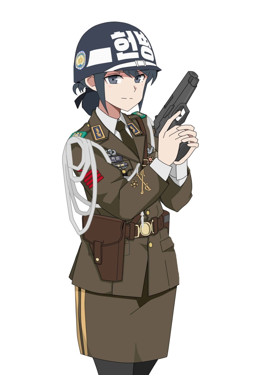 1girl, aiguillette, belt, black_eyes, black_hair, black_headwear, black_necktie, black_pantyhose, black_ribbon, blue_helmet, brown_belt, brown_jacket, brown_skirt, closed_mouth, commentary_request, cowboy_shot, daewoo_k5, double_vertical_stripe, dress_shirt, emblem, epaulettes, female_focus, gun, hair_ribbon, handgun, headwear_writing, helmet, highres, holding, holding_gun, holding_weapon, holster, insignia, jacket, korean_commentary, light_smile, long_sleeves, looking_at_viewer, medium_hair, military, military_dress_uniform, military_uniform, miniskirt, necktie, original, pantyhose, ponytail, print_helmet, republic_of_korea_army, ribbon, shirt, short_ponytail, simple_background, skirt, solo, standing, wani_(perfect_han), weapon, white_background, white_helmet, white_shirt, wing_collar