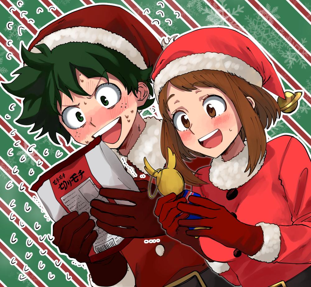 1boy, 1girl, :d, all_might, bad_id, bad_twitter_id, bell, belt, blonde_hair, blush, bob_cut, boku_no_hero_academia, brown_eyes, brown_hair, character_doll, christmas_ornaments, commentary, doll, dutch_angle, food, freckles, furrowed_brow, gloves, green_background, green_eyes, green_hair, hat, hat_bell, iwashi_(msr_rgb), jingle_bell, kirimochi_(food), midoriya_izuku, mochi, open_mouth, red_gloves, santa_costume, santa_hat, short_hair, side-by-side, sidelocks, smile, snowflakes, striped_background, sweatdrop, uraraka_ochako