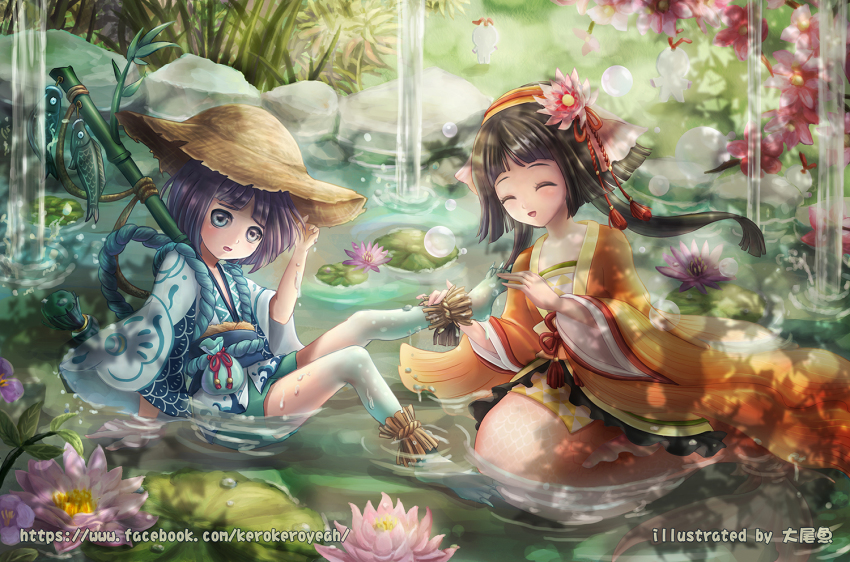:d, bamboo, black_hair, blue_eyes, blunt_bangs, closed_eyes, day, fins, flat_chest, flower, gradient_skin, hair_flower, hair_ornament, hand_up, hat, head_fins, in_water, japanese_clothes, kappa_(onmyoji), kerokeroyeah, kimono, koi_(onmyoji), lily_pad, long_hair, mermaid, monster_girl, onmyoji, open_mouth, outdoors, pond, pouch, short_hair, sitting, smile, straw_hat, tassel, water, waterfall, watermark, web_address, wide_sleeves
