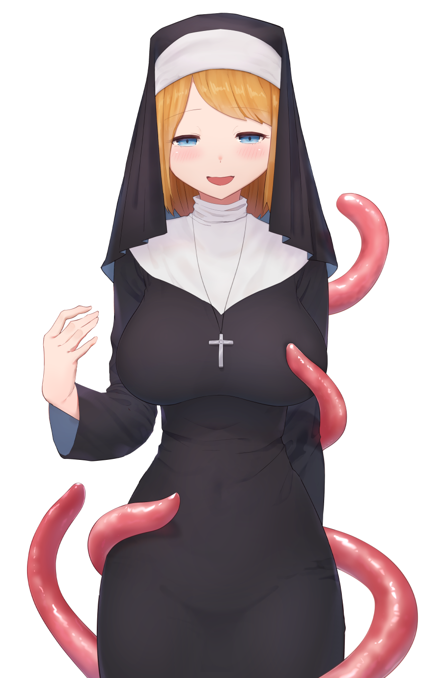 1girl, :d, blonde_hair, blue_eyes, blush, breasts, cross, cross_necklace, female_focus, habit, hekirake, highres, impossible_clothes, jewelry, large_breasts, long_sleeves, looking_at_viewer, medium_hair, necklace, nun, nun_headdress, open_mouth, original, roper, simple_background, smile, solo, standing, tentacles, white_background