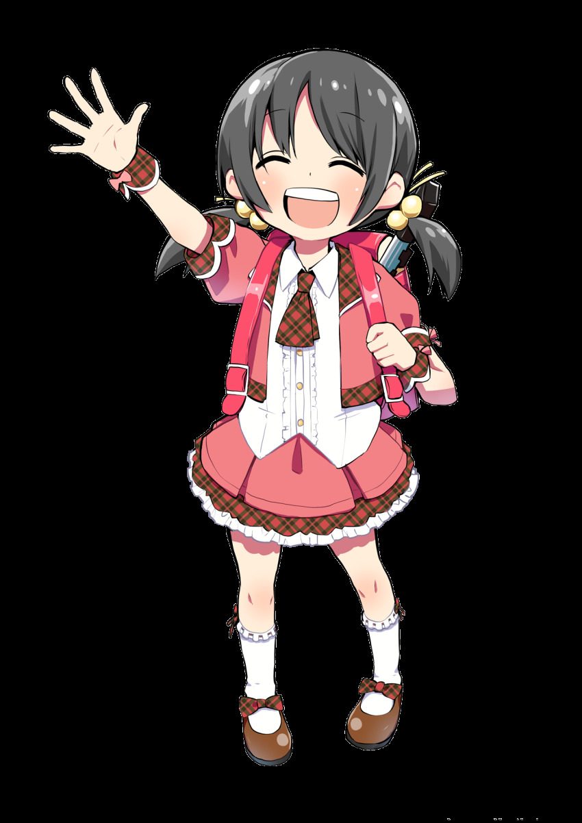 1girl, ^_^, arm_up, backpack, bag, black_hair, brown_shoes, closed_eyes