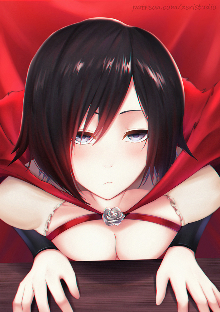 1girl, artist_name, black_hair, blush, breasts, cape, cleavage, female_focus, grey_eyes, looking_at_viewer, multicolored_hair, red_cape, red_hair, ruby_rose, rwby, short_hair, solo, unamused, zeri_(zeristudio)