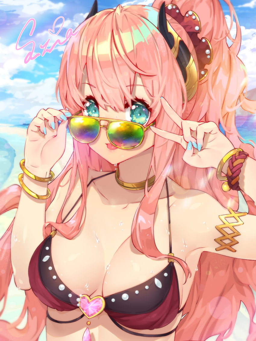 1girl, :p, adjusting_eyewear, adjusting_glasses, aqua_eyes, arm_up, armlet, armpits, bare_shoulders, bikini, blue_nails, bracelet, breasts, cleavage, cloud, cloudy_sky, day, female_focus, fingernails, glasses, green-tinted_eyewear, hand_on_eyewear, hand_up, heart, highres, horns, jewelry, lens_flare, long_fingernails, long_hair, looking_over_eyewear, looking_over_glasses, medium_breasts, multicolor-tinted_eyewear, multicolored_bikini, nail_polish, outdoors, pink_hair, ponytail, princess_connect!, rainbow-tinted_eyewear, sidelocks, signature, sky, solo, sunglasses, suzuna_(princess_connect!), suzuna_(summer)_(princess_connect!), suzuna_isurugi, swimsuit, tinted_eyewear, tongue, tongue_out, two-tone_bikini, upper_body, v, very_long_hair, water_drop, waterring, wet, wristband, yellow-framed_eyewear, yellow-tinted_eyewear