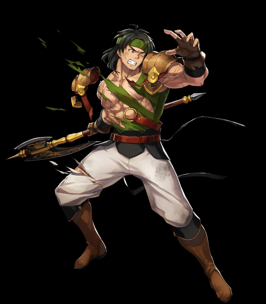 1boy, abs, axe, bandages, belt, black_hair, boots, dai-xt