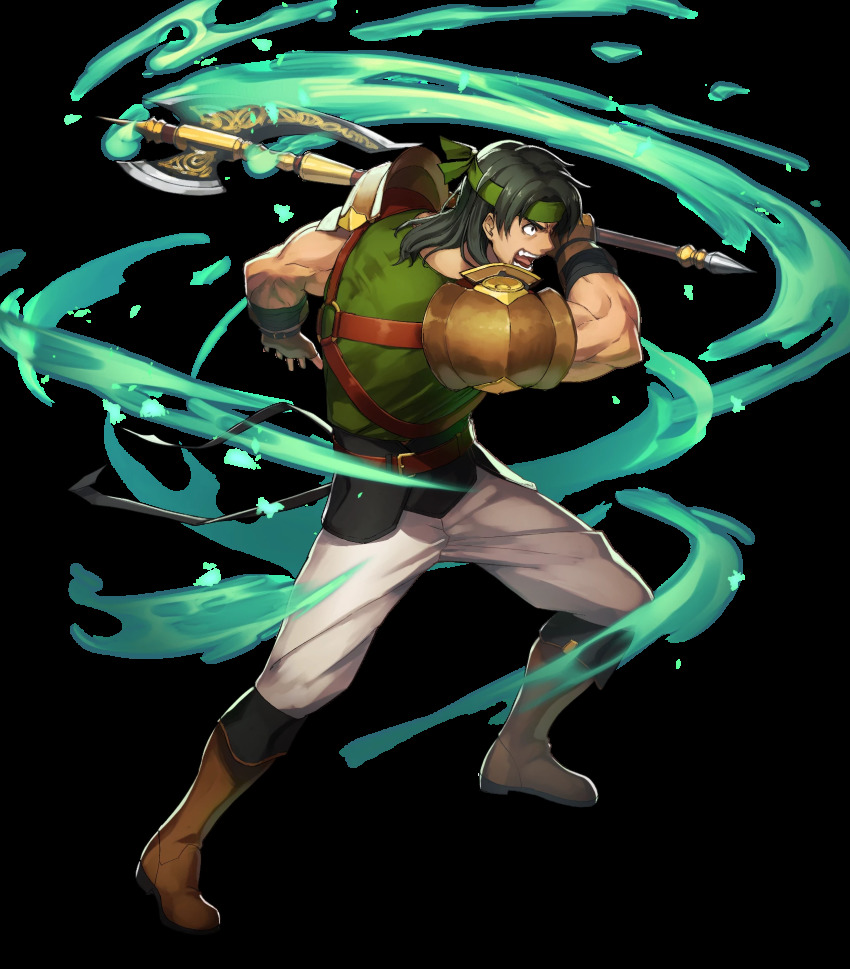 1boy, aura, axe, bandages, belt, black_hair, boots, dai-xt