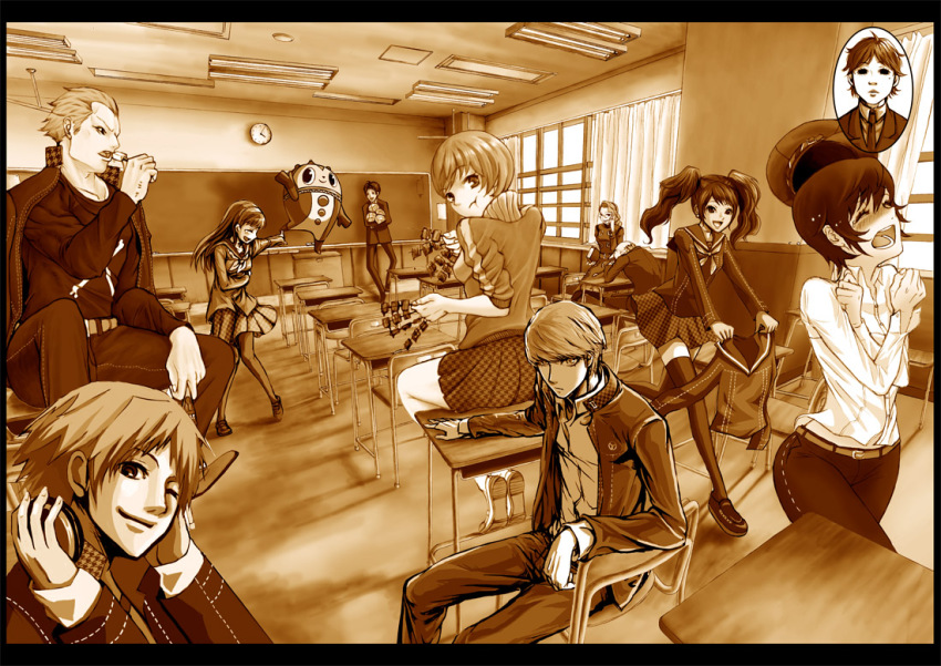 4boys, 5girls, adachi_tooru, amagi_yukiko, atlus, bad_id, bad_pixiv_id, blush, border, cabbage, classroom, crossed_arms, eating, embarrassed, food, gami, gami_(n09), hanamura_yousuke, igor_(persona), indoors, kubo_mitsuo, kujikawa_rise, kuma_(persona_4), laughing, margaret, margaret_(persona), meat, monochrome, multiple_boys, multiple_girls, narukami_yu, not_present, one_eye_closed, pantyhose, persona, persona_4, satonaka_chie, school, school_uniform, sepia, shirogane_naoto, sitting, skewer, tatsumi_kanji, unmoving_pattern, wink