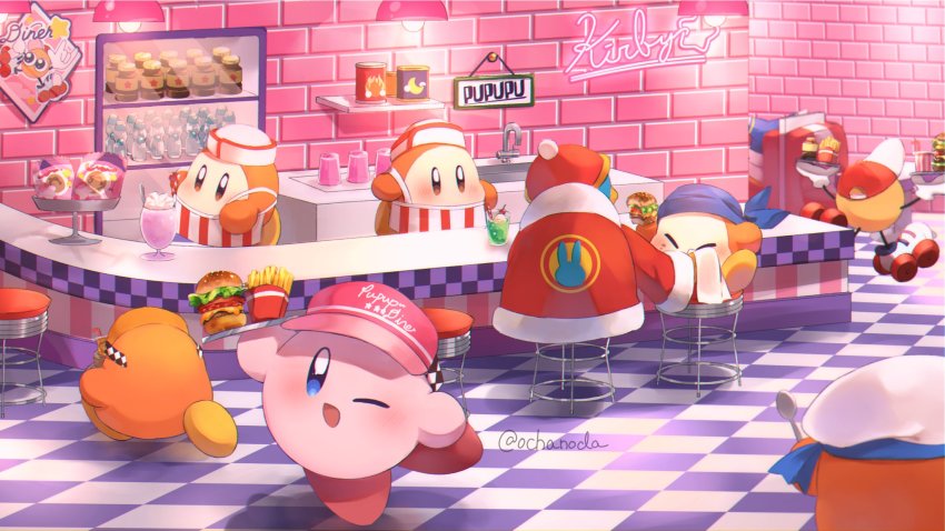 apron, bandana_waddle_dee, brick_wall, burger, can, checkered_floor, food, french_fries