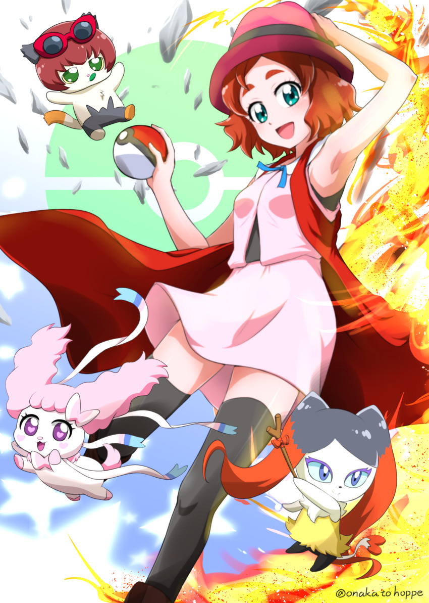 1girl, :d, absurdres, animal_nose, armpits, black_thighhighs, blue_ribbon, brown_hair, character_request, cosplay, delphox, delphox_(cosplay), female_focus, gen_5_pokemon, gen_6_pokemon, go!_princess_precure, green_eyes, hand_on_headwear, haruno_haruka, hat, highres, holding, holding_poke_ball, looking_at_viewer, miniskirt, neck_ribbon, nintendo, nita_(onakatohoppe), open_mouth, pancham, pancham_(cosplay), pink_shirt, pink_skirt, poke_ball, poke_ball_(basic), poke_ball_background, poke_ball_symbol, pokemon, pokemon_(anime), pokemon_the_series:_xy, precure, red_hat, ribbon, serena_(pokemon), serena_(pokemon)_(cosplay), shirt, short_hair, skirt, sleeveless, sleeveless_shirt, smile, solo, sylveon, sylveon_(cosplay), thighhighs, zettai_ryouiki