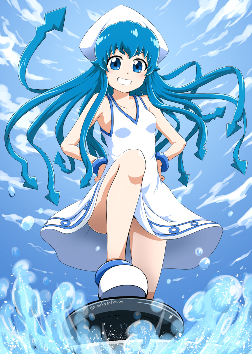 1girl, absurdres, blue_eyes, blue_hair, blue_sky, bracelet, breasts, cloud