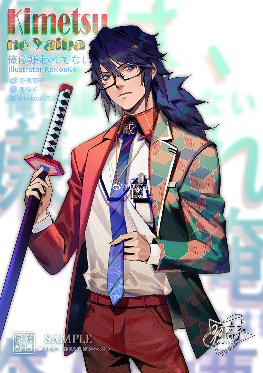 1boy, adjusting_clothes, adjusting_necktie, alternate_costume, artist_name, belt, black_hair, blue_eyes