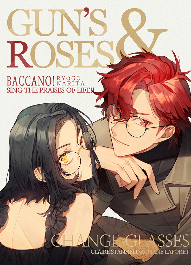 1boy, 1girl, asymmetrical_bangs, baccano!, bare_back, bare_shoulders, black_hair, brown_coat