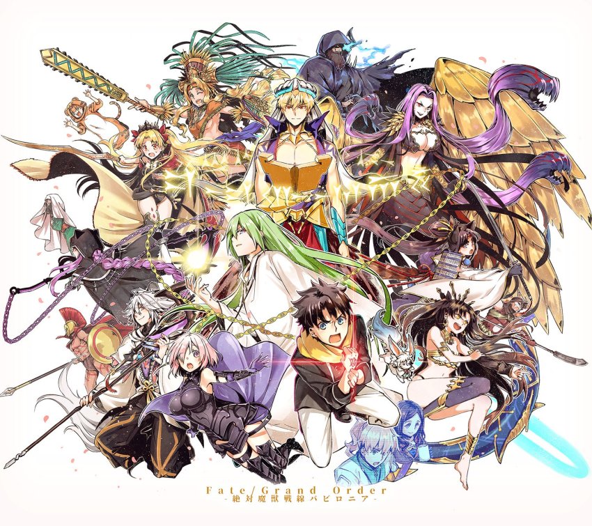animal_hood, armor, blue_fire, chain, command_spell, copyright_name, cuneiform, enkidu_(fate), enkidu_(weapon)_(fate), ereshkigal_(fate), fate/grand_order, fate_(series), fire, fou_(fate), fujimaru_ritsuka_(male), fujimaru_ritsuka_(male)_(true_ether_chaldea_uniform), gilgamesh, gilgamesh_(caster)_(fate), gilgamesh_(fate), gorgon_(composite_deity_gorgon)_(fate), gorgon_(fate), guan_dao, hair_over_one_eye, heavenly_boat_maanna, helmet, highres, hologram, hood, ishtar_(fate), jaguarman_(fate), japanese_armor, katana, king_hassan_(fate), kingu_(fate), leonardo_da_vinci_(caster)_(fate), leonardo_da_vinci_(fate), leonidas_(fate), long_hair, mash_kyrielight, mash_kyrielight_(demi-servant), medusa_(fate), medusa_(lancer)_(fate), medusa_(rider)_(fate), merlin_(fate), musashibou_benkei_(fate), official_alternate_costume, one_eye_closed, pointing, polearm, quetzalcoatl_(fate), rider, romani_archaman, scarf, scythe, shield, shoulder_armor, side_ponytail, siduri_(fate), single_thighhigh, snake_hair, sode, spear, staff, stone_tablet, sword, thighhighs, tiara, ushiwakamaru_(fate), weapon, wings, worrisorochi, yellow_wings