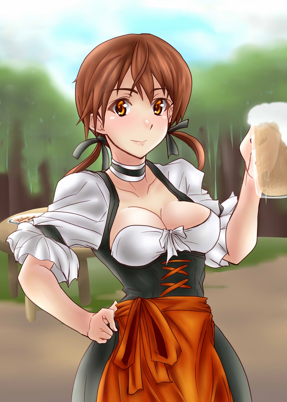 1girl, alcohol, beer, beer_mug, black_dress, black_ribbon, blush, breasts