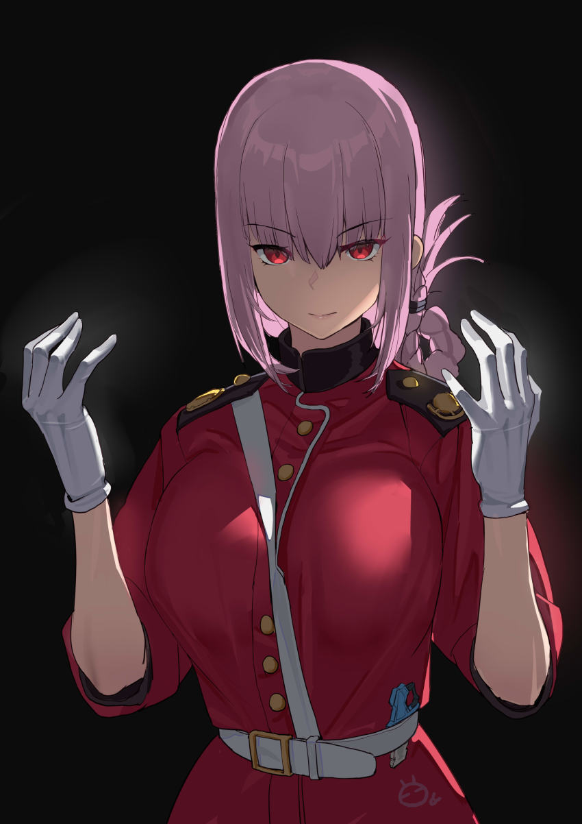 1girl, absurdres, belt, between_breasts, black_background, braid, breasts, chaoxi, crossover, epaulettes, fate/grand_order, fate_(series), female_focus, florence_nightingale_(fate), gloves, hair_between_eyes, highres, jacket, kamen_rider, kamen_rider_ex-aid, kamen_rider_ex-aid_(series), large_breasts, long_hair, long_sleeves, looking_at_viewer, military_jacket, pink_hair, red_eyes, red_jacket, sleeves_rolled_up, solo, strap_between_breasts, upper_body, white_belt, white_gloves