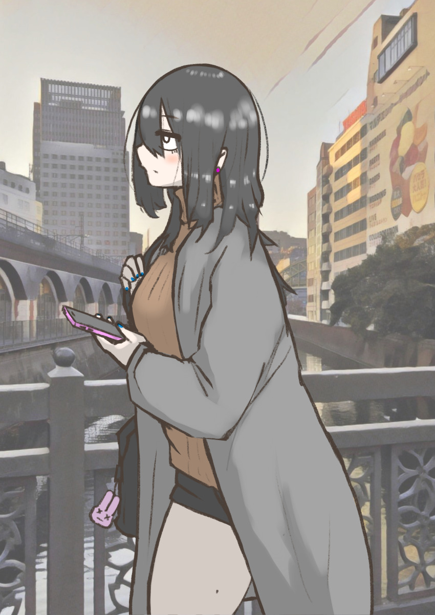 absurdres, akihabara_(tokyo), bag, black_hair, black_skirt, breasts, brown_sweater, cellphone