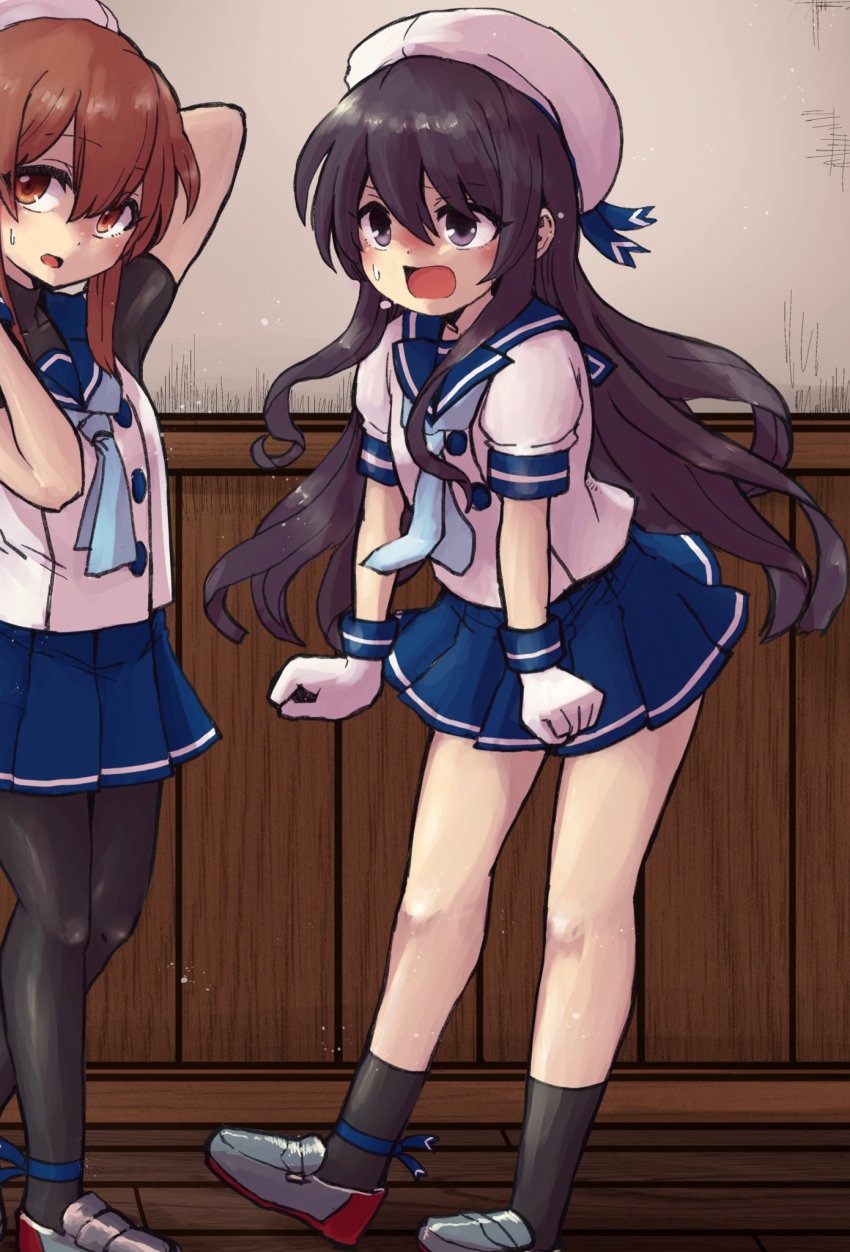 2girls, akatsuki_(kancolle), black_legwear, blue_neckerchief, blue_sailor_collar, blue_skirt, brown_eyes, brown_hair