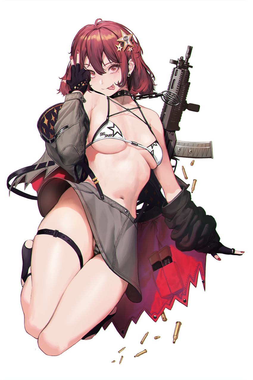 1girl, assault_rifle, bikini, bikini_under_clothes, choker, earrings, female_focus, fingerless_gloves, full_body, gloves, gun, hair_between_eyes, hair_ornament, hairpin, highres, ihobus, jacket, jewelry, korean_commentary, looking_at_viewer, magazine_(weapon), miniskirt, mole, mole_under_eye, nail_polish, original, panties, red_eyes, red_hair, rifle, shell_casing, short_hair, sig_551, sig_sauer, simple_background, skirt, solo, striped_clothes, striped_panties, swimsuit, thigh_strap, tongue, tongue_out, underwear, upskirt, weapon, white_background, white_bikini