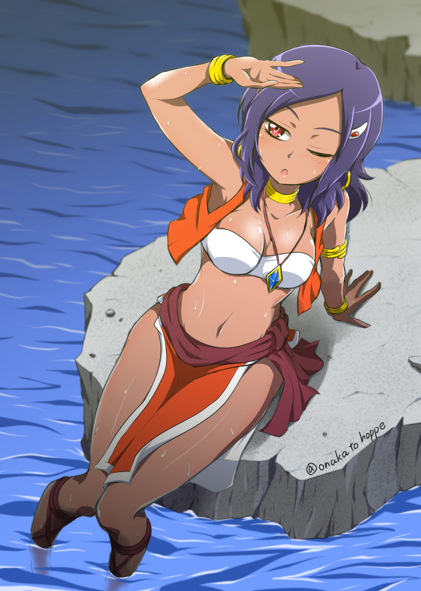 1girl, absurdres, alternate_skin_color, arm_up, armlet, bra, bracelet, breasts