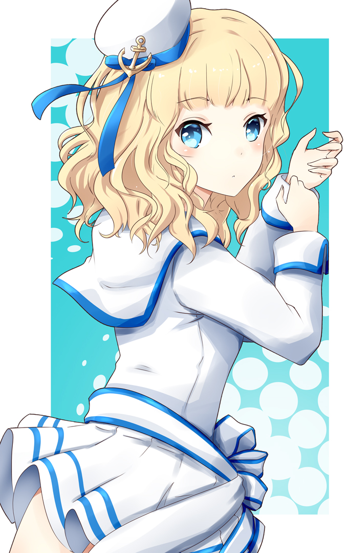 1girl, anchor, blonde_hair, blue_eyes, blue_ribbon, cowboy_shot, female_focus, gudon_(iukhzl)