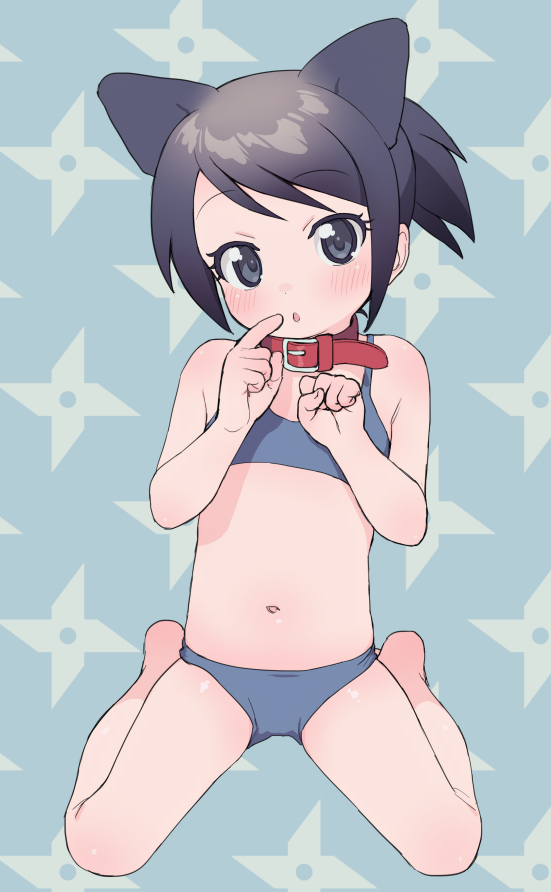 1girl, animal_ears, barefoot, bikini, black_hair, blue_background, blush, cat_ears, child, collar, female_focus, flat_chest, full_body, genderswap, genderswap_(mtf), kneeling, mizuno_uchi, navel, ponytail, sasuke_(sasuke), sasuke_(shirato_sanpei), short_hair, shuriken_background, solo, swimsuit