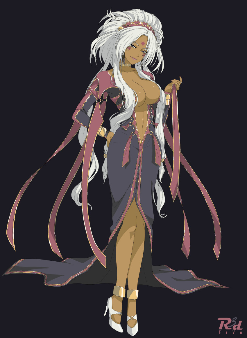 1990s_(style), 1girl, aa_megami-sama, absurdres, bangle, black_background, bracelet, breasts, center_opening, choker, cleavage, closed_mouth, dark-skinned_female, dark_skin, demon, demon_girl, dress, earrings, facial_mark, feather_earrings, feathers, female_focus, fingernails, forehead_mark, full_body, high_heels, highres, hild_(aa_megami-sama), huge_breasts, impossible_clothes, jewelry, lipstick, long_hair, long_sleeves, looking_at_viewer, low-tied_long_hair, makeup, multiple_rings, nail_polish, navel, pinup_(style), purple_eyes, r3dfive, red_lips, red_nails, retro_artstyle, ring, shoes, simple_background, skin_tight, smirk, solo, standing, star_(symbol), star_facial_mark, stiletto_heels, strappy_heels, white_hair