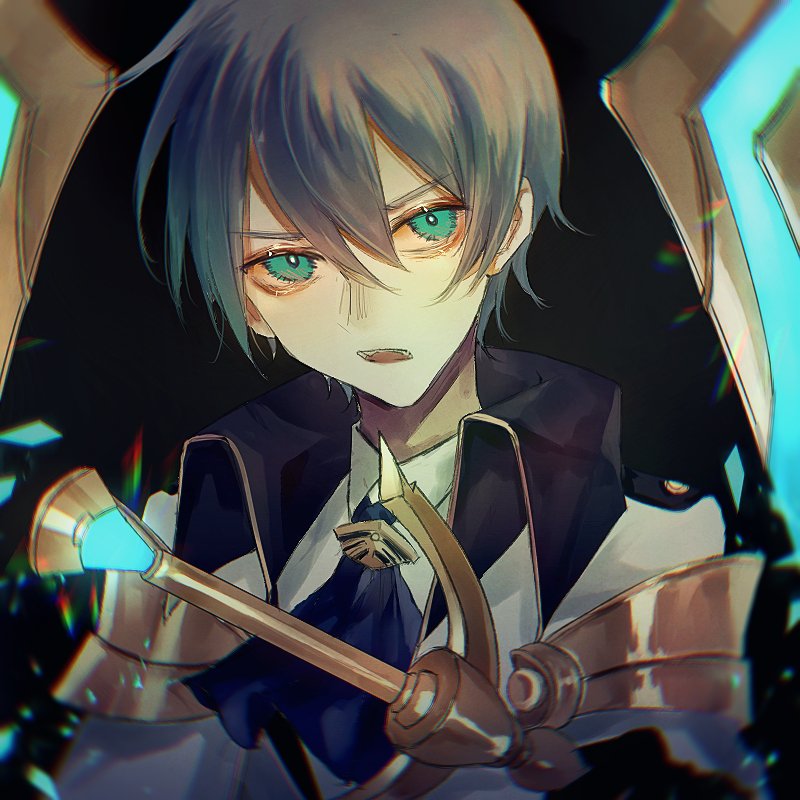 1boy, aqua_eyes, black_gloves, blue_neckwear, cape, collar, dokime_rainx, gloves
