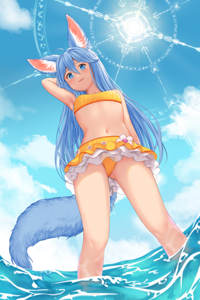 1girl, animal_ear_fluff, animal_ears, arm_behind_head, arm_up, armpits, bad_id, bad_pixiv_id, bikini, bikini_skirt, blue_eyes, blue_hair, breasts, cloud, commission, day, elin, faenibun, female_focus, fox_ears, fox_tail, from_below, highres, legs, long_hair, looking_down, magic_circle, navel, sky, small_breasts, smile, solo, sun, swimsuit, tail, tera_online, thighs, wading, water, yellow_bikini