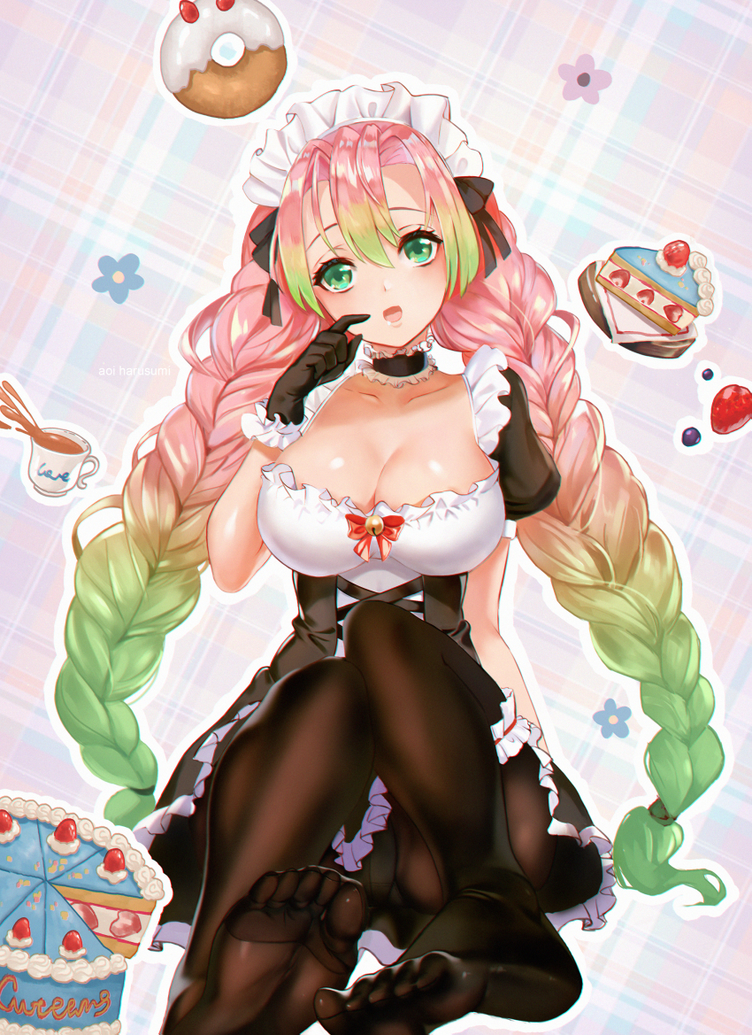 1girl, absurdres, alternate_costume, aoi_harusumi, bell, black_gloves, black_panties, black_pantyhose, braid, breasts, cake, cleavage, collarbone, detached_collar, donut, dress, enmaided, female_focus, flower, food, frills, fruit, full_body, gloves, gradient_hair, green_eyes, green_hair, hair_between_eyes, hair_ribbon, highres, kanroji_mitsuri, kimetsu_no_yaiba, large_breasts, long_hair, looking_at_viewer, low-tied_long_hair, maid, maid_headdress, multicolored_hair, open_mouth, panties, panties_under_pantyhose, pantyhose, patterned_background, pink_hair, plaid_background, puffy_short_sleeves, puffy_sleeves, ribbon, short_sleeves, sitting, soles, solo, strawberry, two-tone_hair, underwear